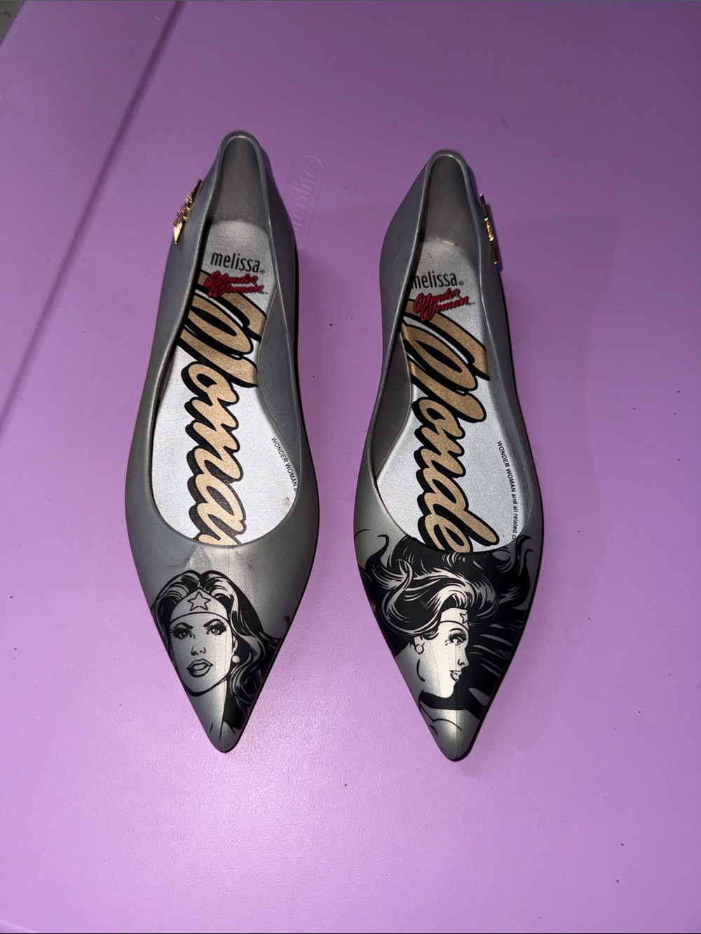 Melissa Wonder Woman Metallic Gray Pointed Flats with Graphic Art